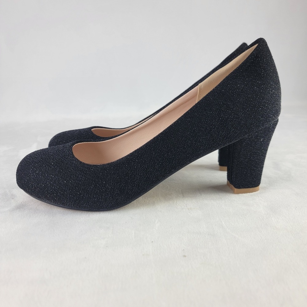 Errid Black Sparkle Round-Toe Pump Block Heel Evening Shoes Size 10.5 Dress - Picture 4 of 8